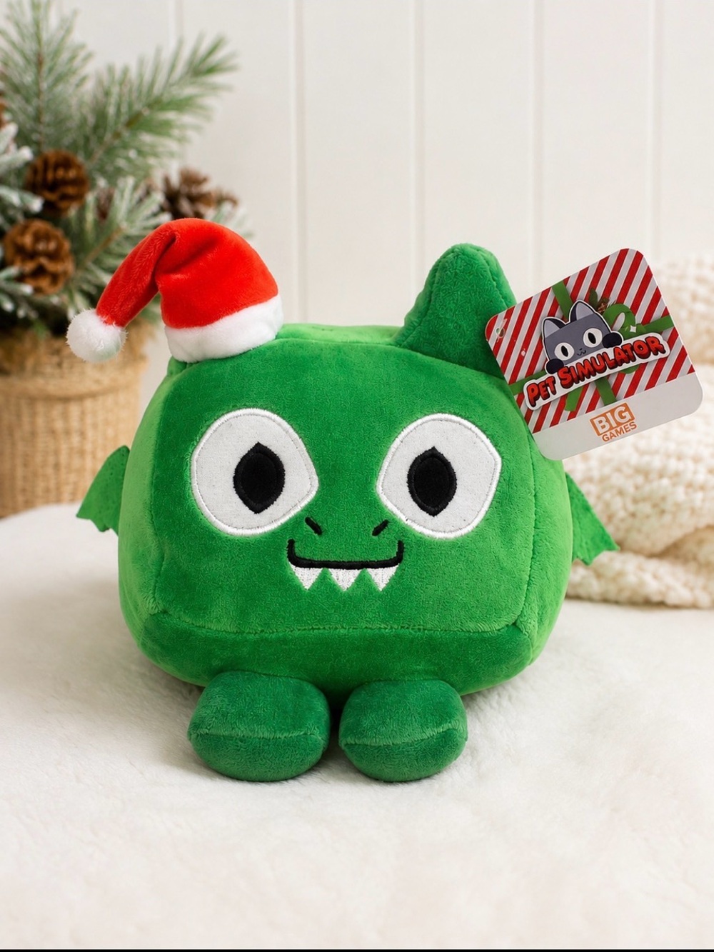 Pet Simulator Green Monster Plush with Santa Hat